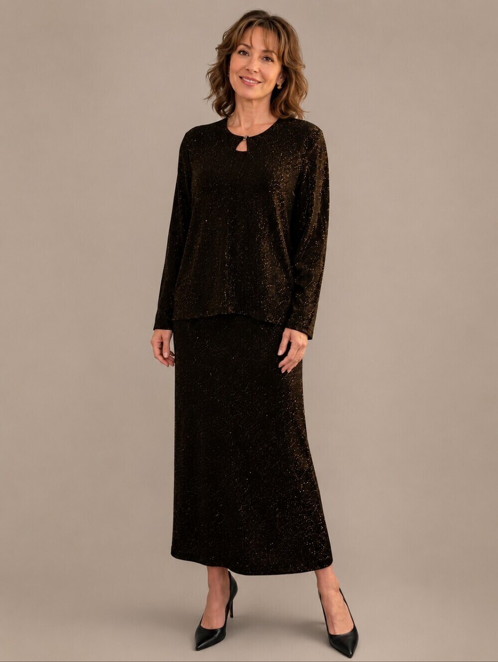 RONNI NICOLE 1990s Gold Metallic Sparkle Three Piece Formal Cocktail Skirt Set